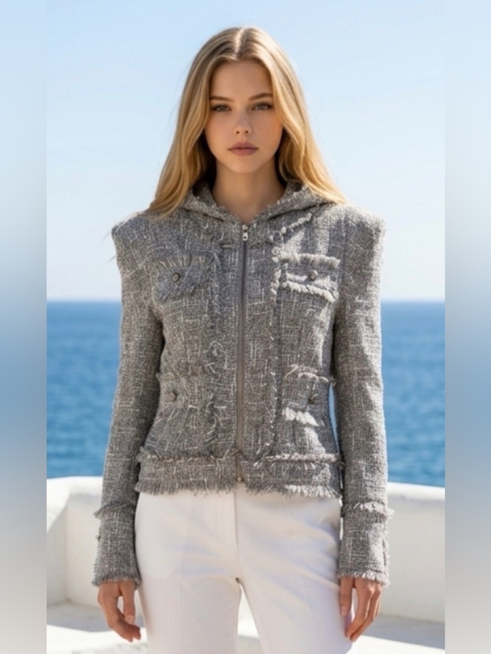 Fate Grey Tweed Frayed Zip Jacket